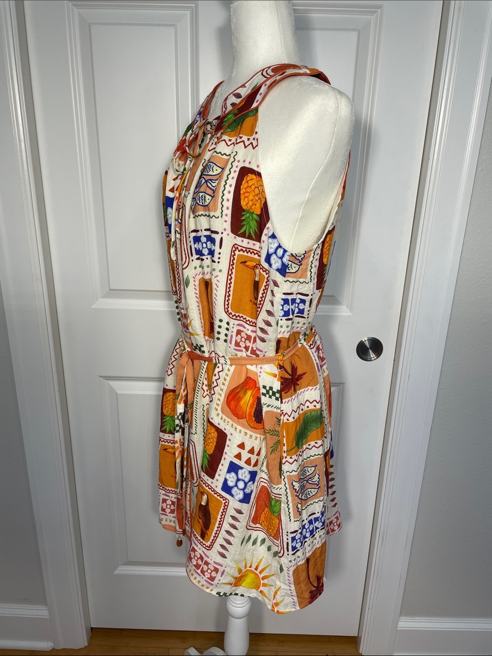Ciebon Kyndra Grid Print Halter Dress Large Tropical Print Pineapple Toucans - Picture 5 of 14